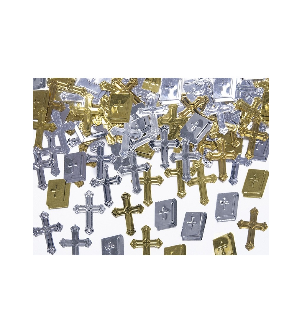 Zlaté a stříbrné konfety - kříže a knihy