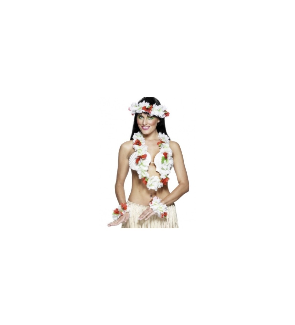 Havajský Lei set - bílý s červenými kvítky 