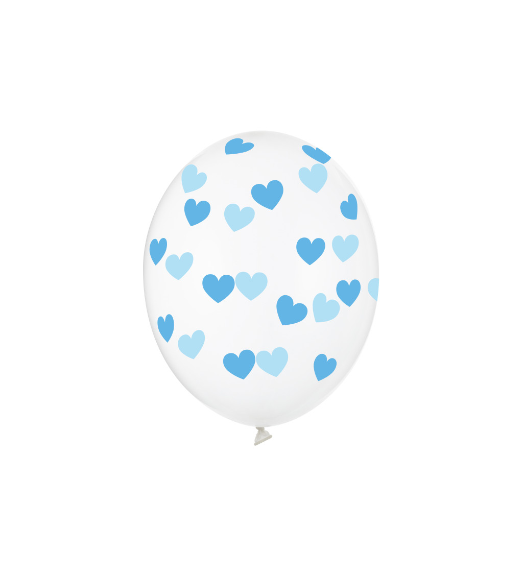 Balónek průhledný - modrá srdíčka - 6 ks