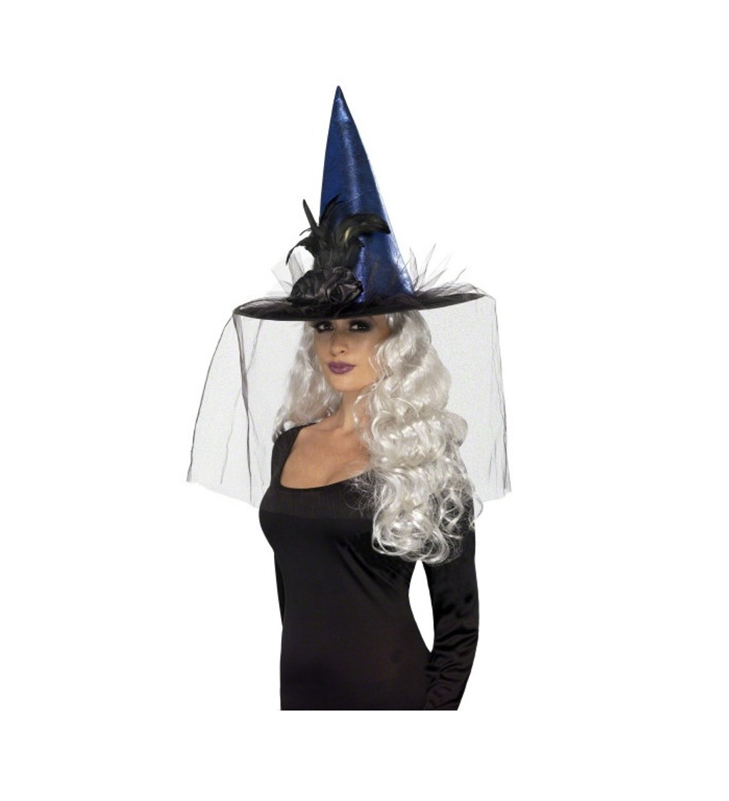 Modrý klobouk s peřím a závojem - Čarodějnice